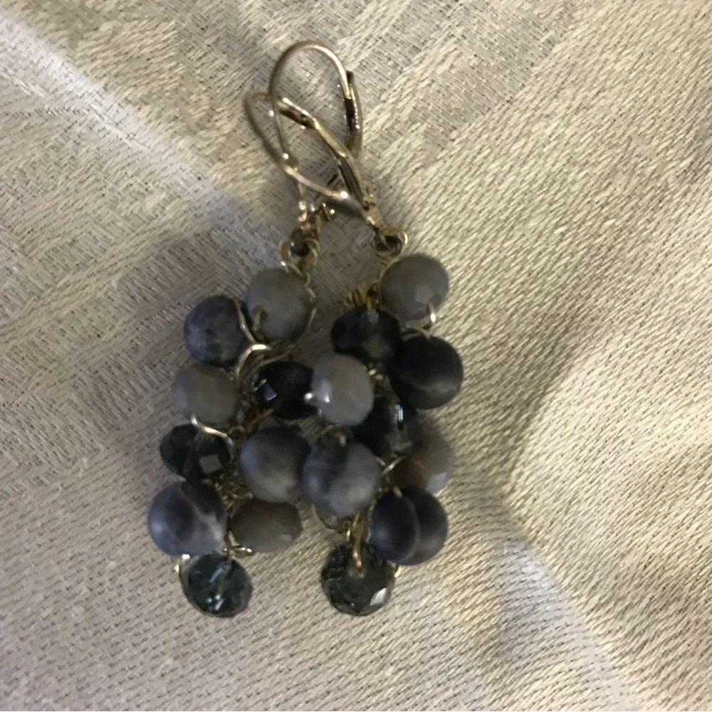 Earrings handcrafted blue & gray tiny balls hung on silver lever backs EUC